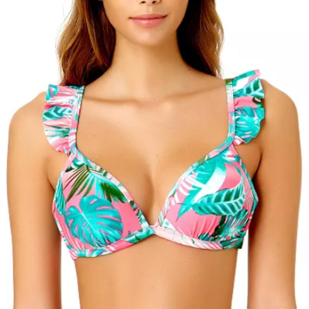 NWT California Sunshine Bust Enhancer Ruffle-Strap Palm Bikini Top Size Large